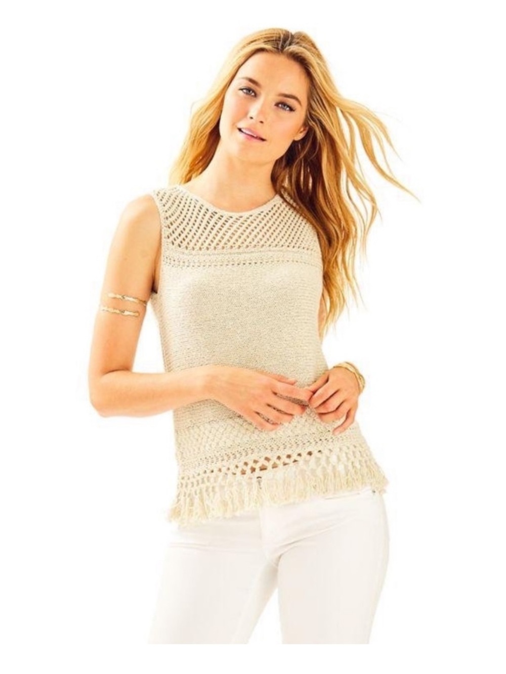 Lilly Pulitzer Sleeveless Crochet Fringe Tank Top - Cream